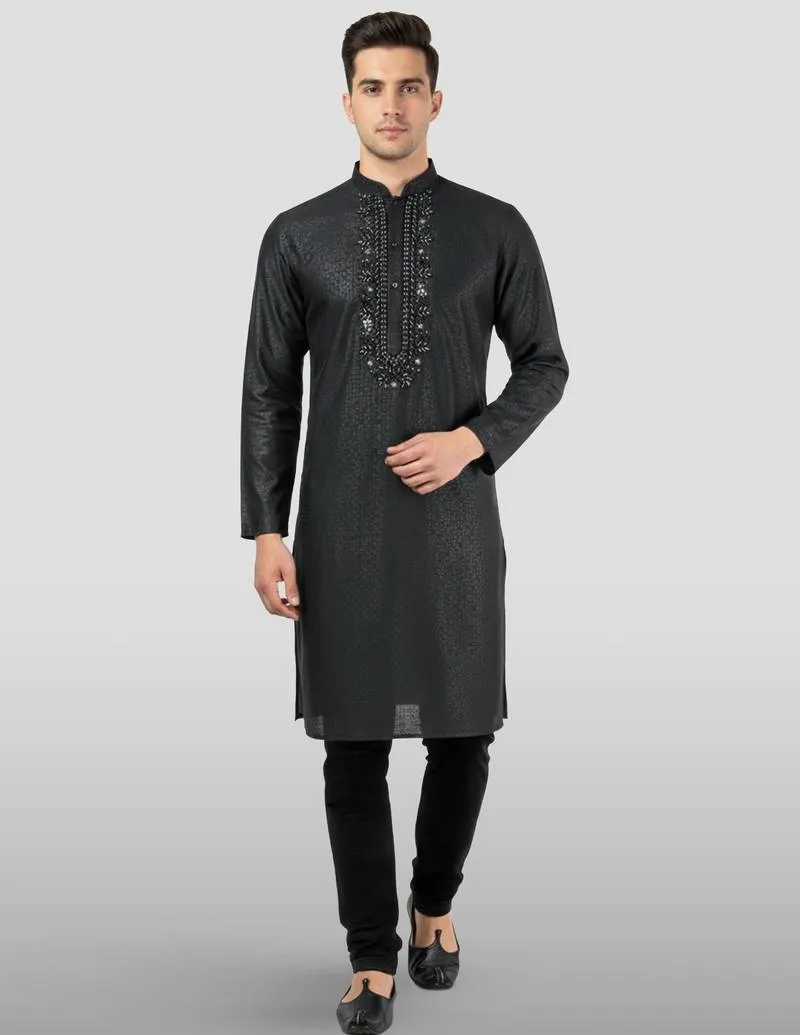 Black Embroidered Kurta With Black Pyjama Beaded Wedding Set